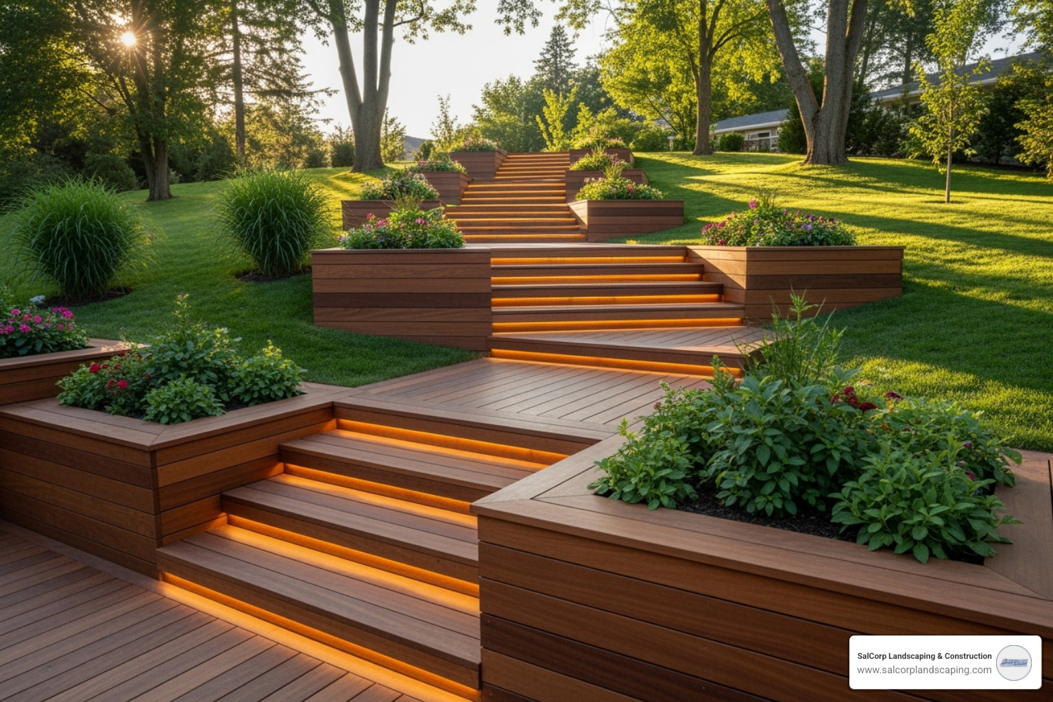 well-designed platform stair on a sloped yard - outdoor wood stairs