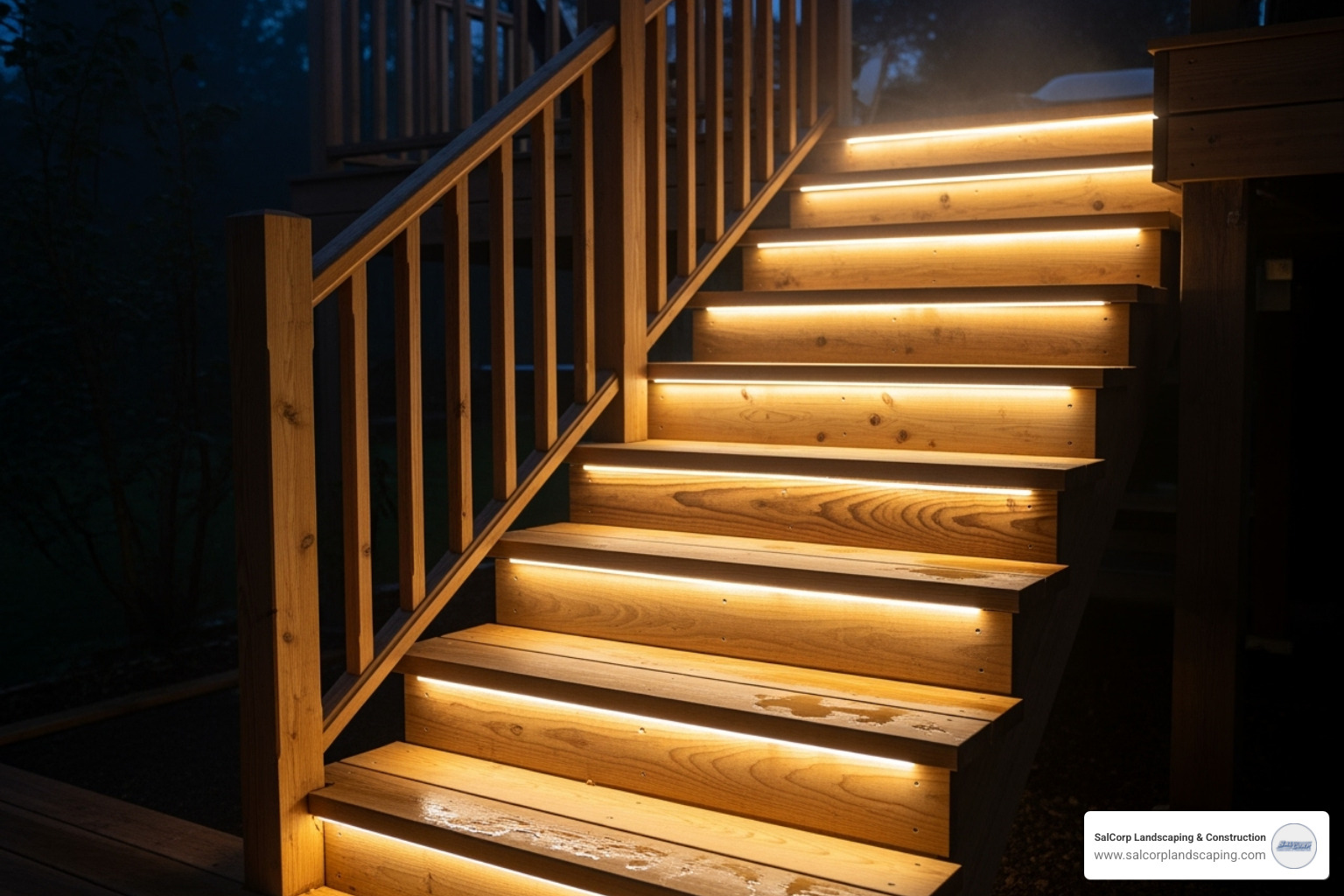 outdoor stairs at night illuminated by step lighting with a sturdy handrail - outdoor wood stairs
