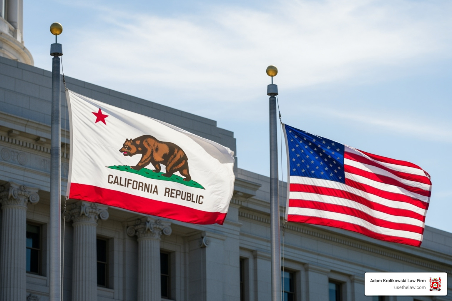 California state flag and the US flag side-by-side - racial discrimination lawyers in los angeles California state flag and the US flag side-by-side - racial discrimination lawyers in los angeles