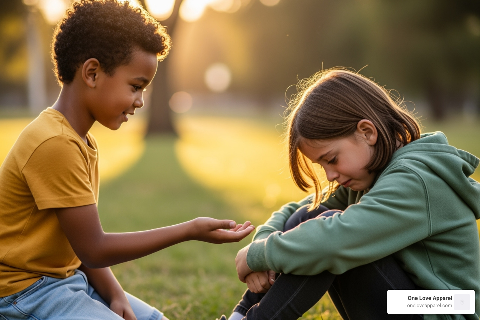 child offering hand to sad child - children's book bullying