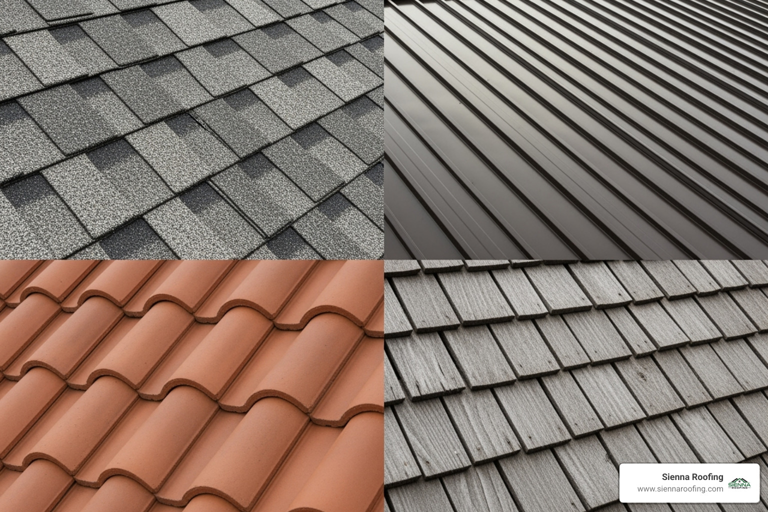 A collage of different roofing materials including asphalt shingles, metal panels, clay tiles, and composite shakes - Roof repair Pearland