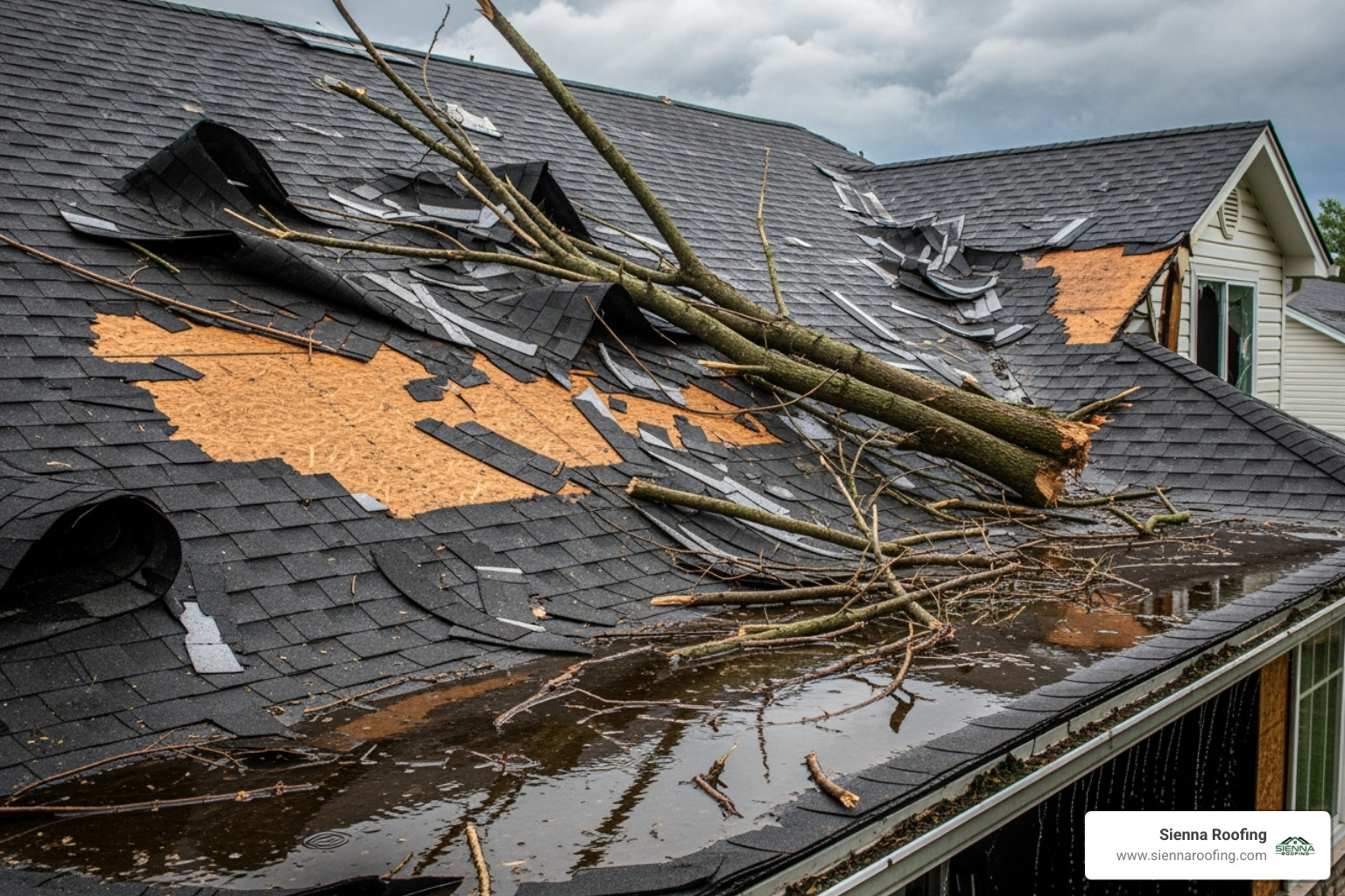 A roof showing clear signs of storm damage, with missing and torn shingles, debris scattered, and visible water pooling in some areas - Roof repair Pearland