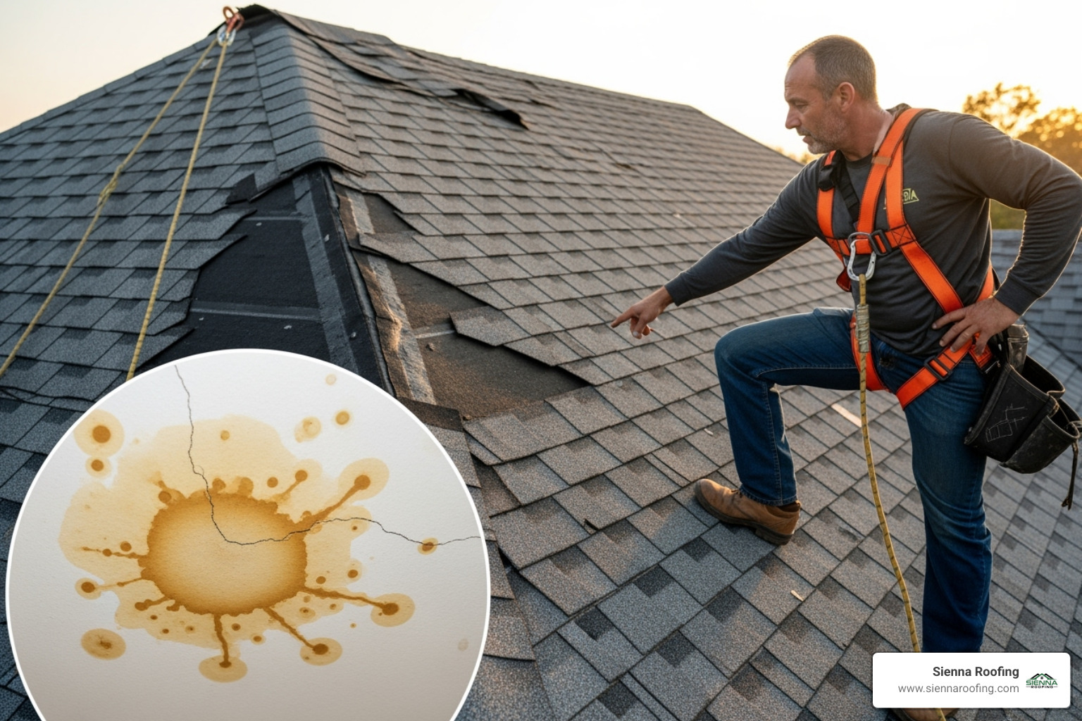 A roofer wearing an OSHA-compliant safety harness inspecting curling and cracked asphalt shingles on a residential roof, with water stains visible on a ceiling inside the house - Roof repair Pearland