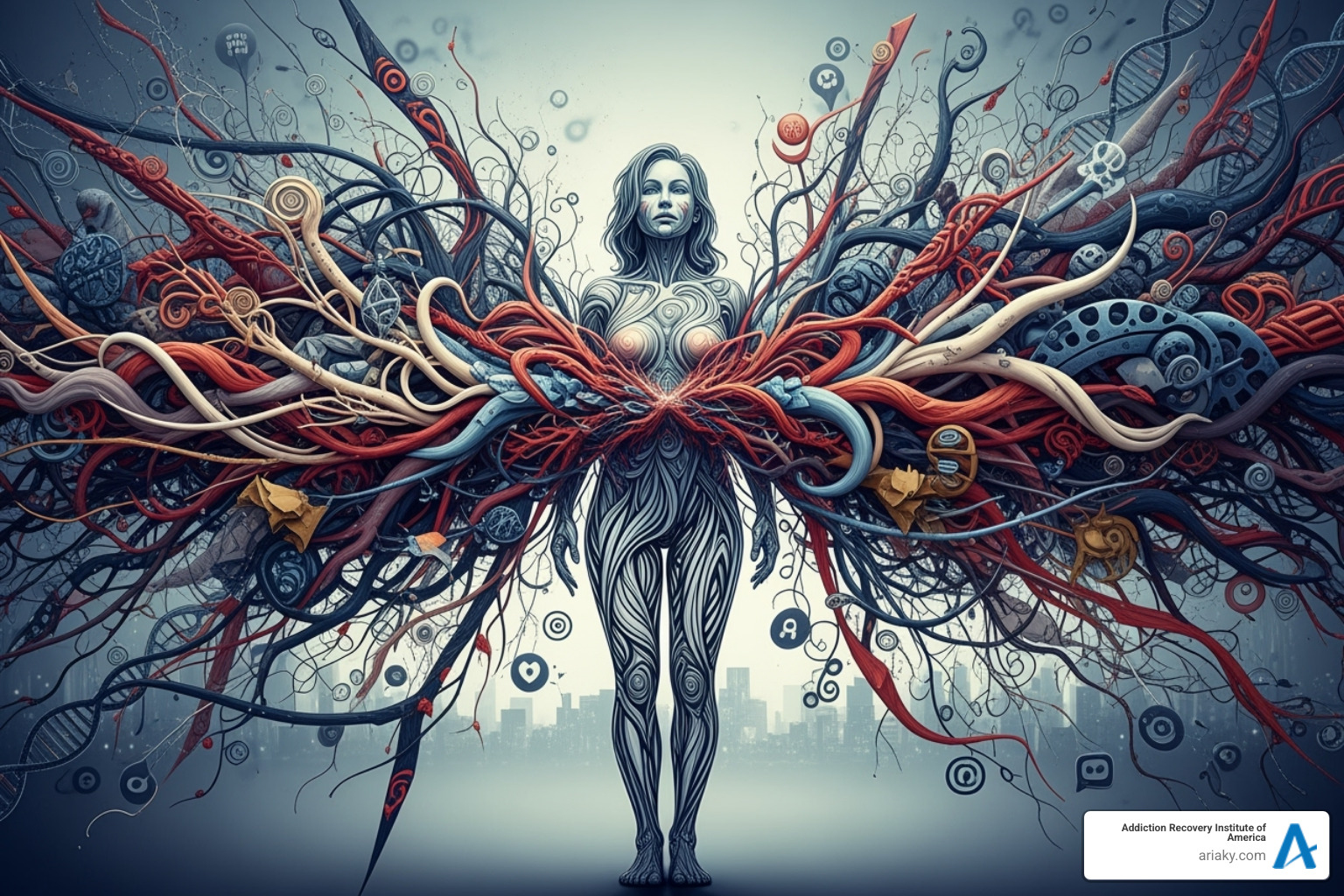 Interconnectedness of trauma, mental health, and addiction for women, depicted as a web with central nodes for each, and connecting lines showing how they influence and exacerbate one another, with societal pressures and biological factors as overarching influences - rehab for women