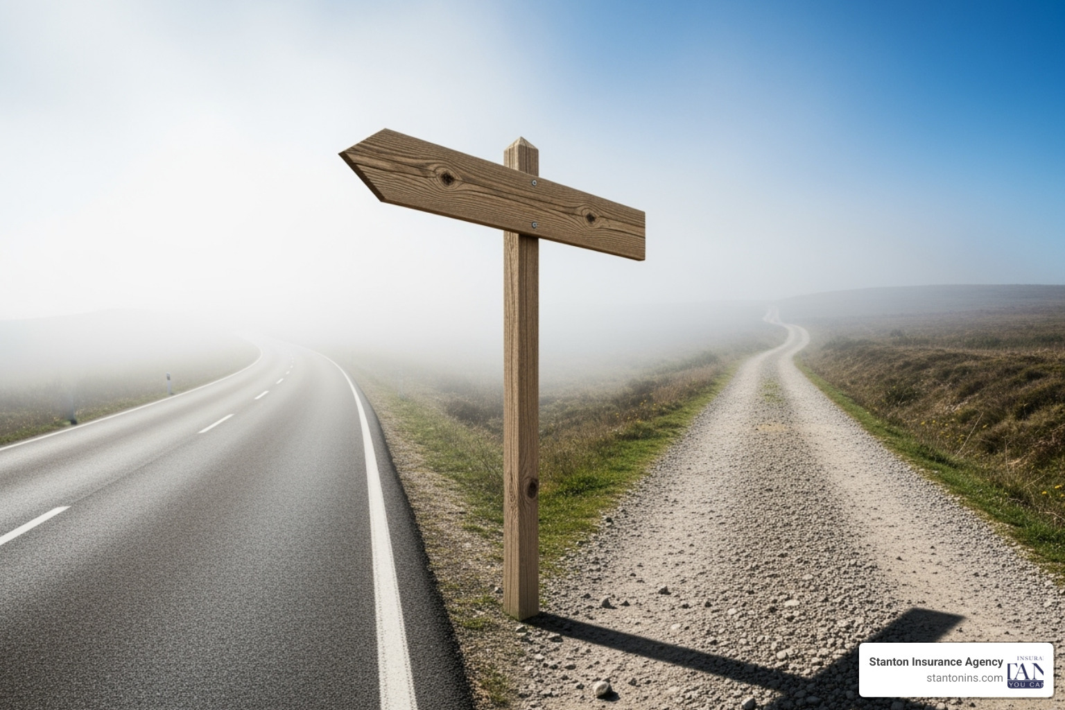 split road sign pointing to "Lower Premiums" and "Higher Risk" - unstacked uninsured motorist coverage