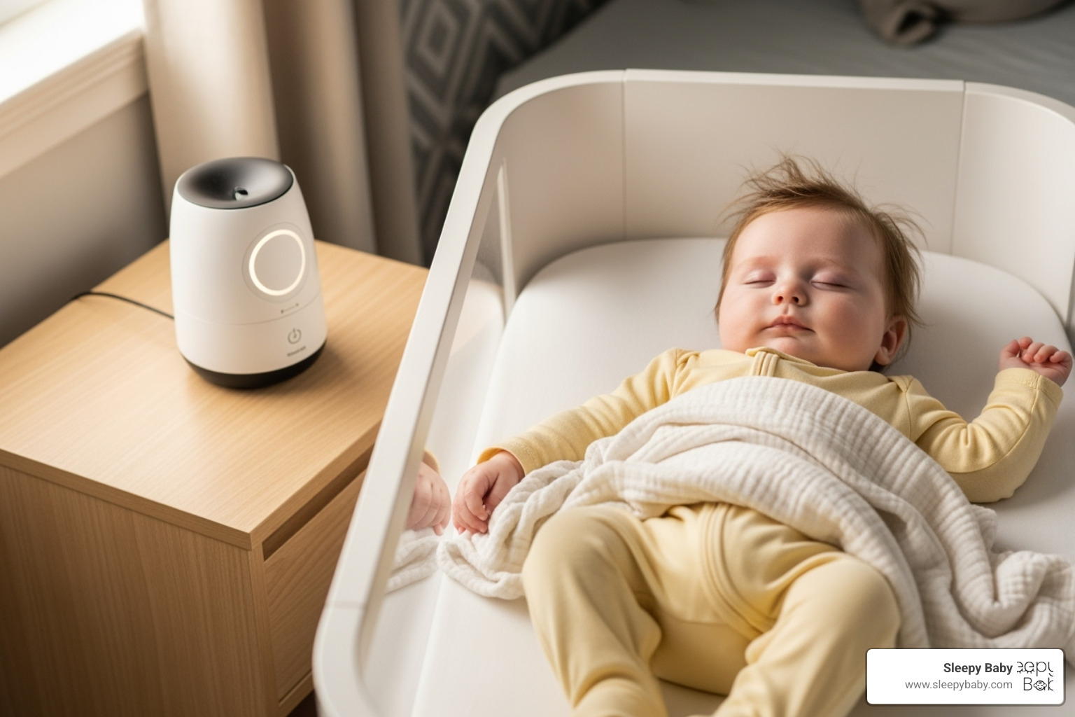 A baby sleeping peacefully in a bassinet with a sleep aid nearby - must haves for new moms after delivery