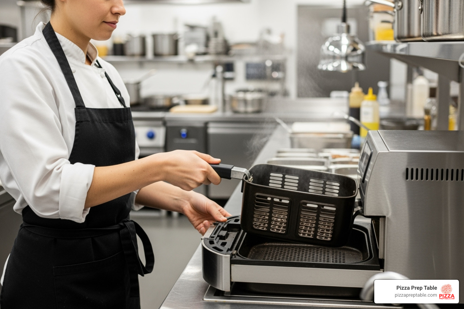 A staff member in a professional kitchen easily removing a non-stick basket from a commercial air fryer for cleaning - commercial air fryer A staff member in a professional kitchen easily removing a non-stick basket from a commercial air fryer for cleaning - commercial air fryer