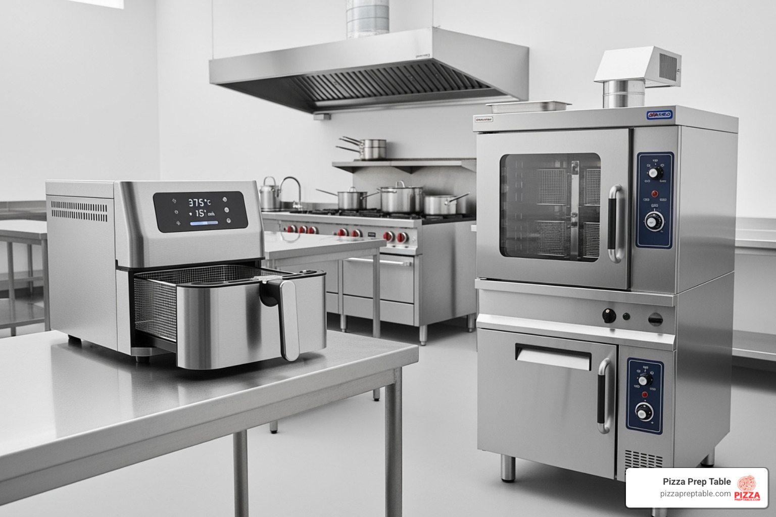 Two different commercial air fryers side-by-side, one a compact countertop model and the other a larger floor model, in a modern kitchen setting - commercial air fryer Two different commercial air fryers side-by-side, one a compact countertop model and the other a larger floor model, in a modern kitchen setting - commercial air fryer