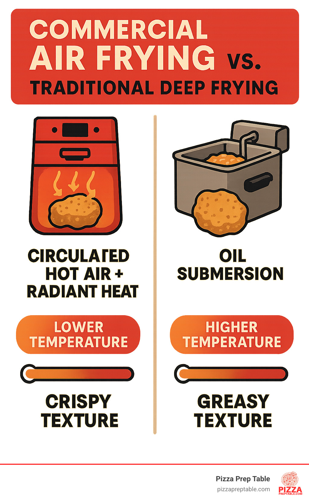 Infographic comparing air frying technology using circulated hot air and radiant heat versus traditional deep frying using oil submersion, showing temperature zones, cooking methods, and resulting food texture differences - commercial air fryer infographic  Infographic comparing air frying technology using circulated hot air and radiant heat versus traditional deep frying using oil submersion, showing temperature zones, cooking methods, and resulting food texture differences - commercial air fryer infographic