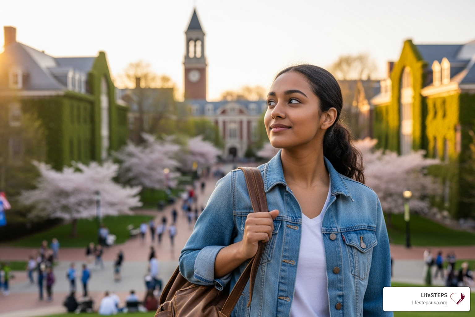student looking at a college campus with a thoughtful expression - students in foster care