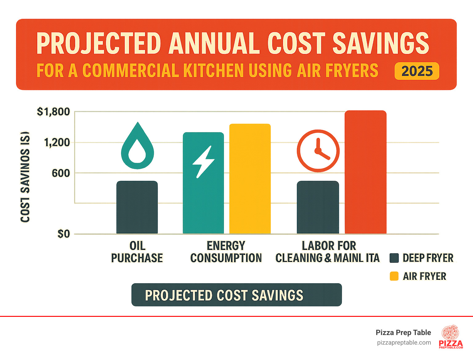 Chart showing projected annual cost savings for a commercial kitchen using air fryers compared to deep fryers, highlighting reductions in oil purchase, energy consumption, and labor hours for cleaning and maintenance - commercial air fryer infographic  Chart showing projected annual cost savings for a commercial kitchen using air fryers compared to deep fryers, highlighting reductions in oil purchase, energy consumption, and labor hours for cleaning and maintenance - commercial air fryer infographic
