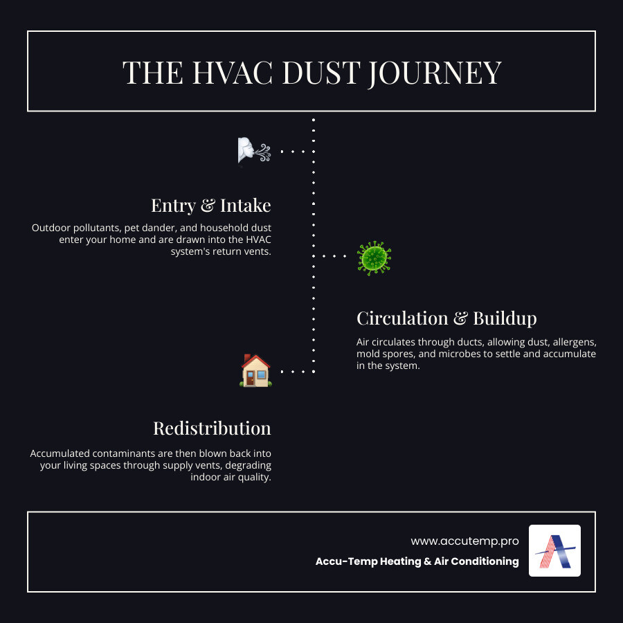 Infographic showing the journey of dust, allergens, and contaminants through a home's HVAC system, including entry points like windows and doors, circulation through ducts, filtration process, and distribution to living spaces - air duct cleaning infographic infographic-line-3-steps-dark Infographic showing the journey of dust, allergens, and contaminants through a home's HVAC system, including entry points like windows and doors, circulation through ducts, filtration process, and distribution to living spaces - air duct cleaning infographic infographic-line-3-steps-dark