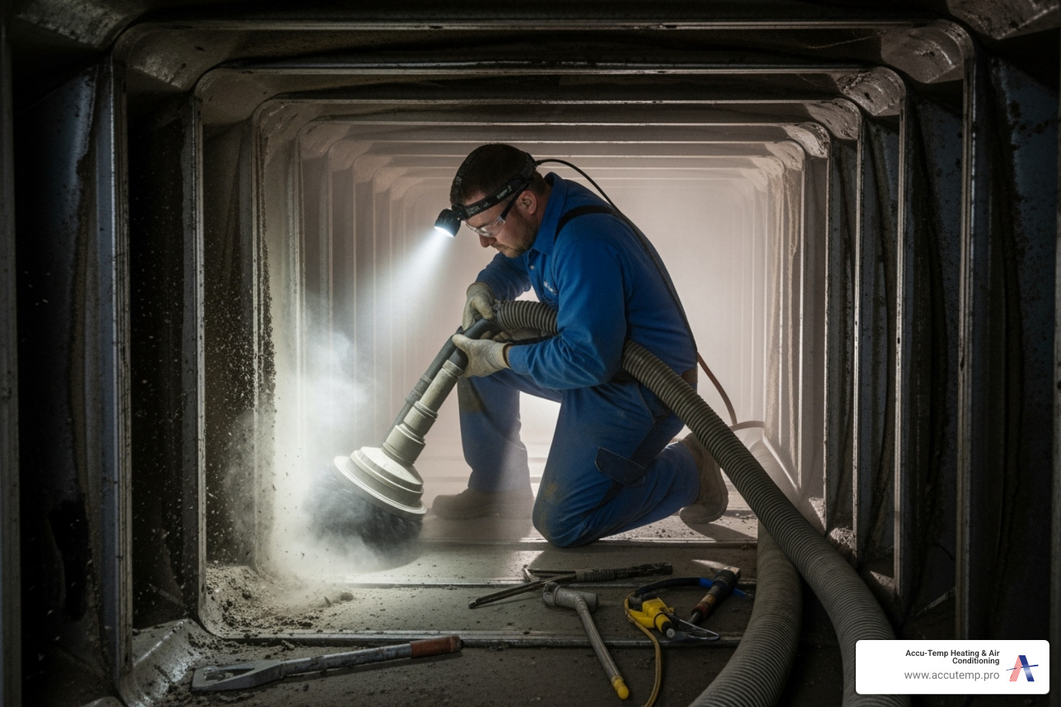 technician using a high-powered vacuum and brush system inside a duct - air duct cleaning technician using a high-powered vacuum and brush system inside a duct - air duct cleaning