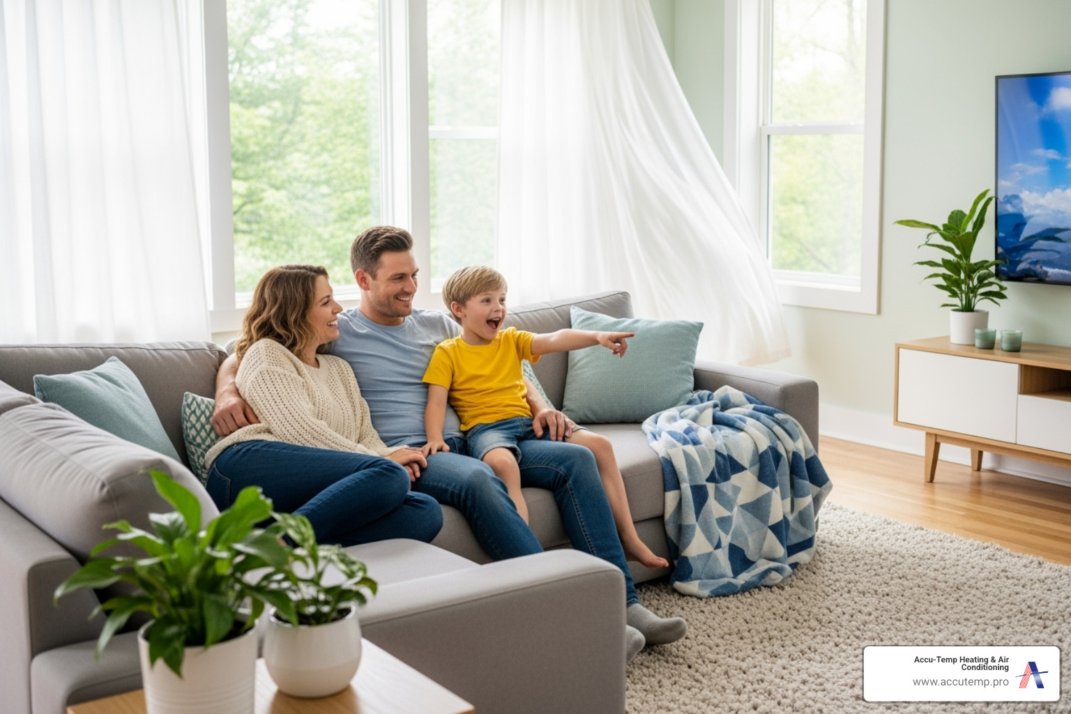A family enjoying clean air in their home, with a subtle Accu-Temp Heating & Air Conditioning logo in the corner - air duct cleaning A family enjoying clean air in their home, with a subtle Accu-Temp Heating & Air Conditioning logo in the corner - air duct cleaning
