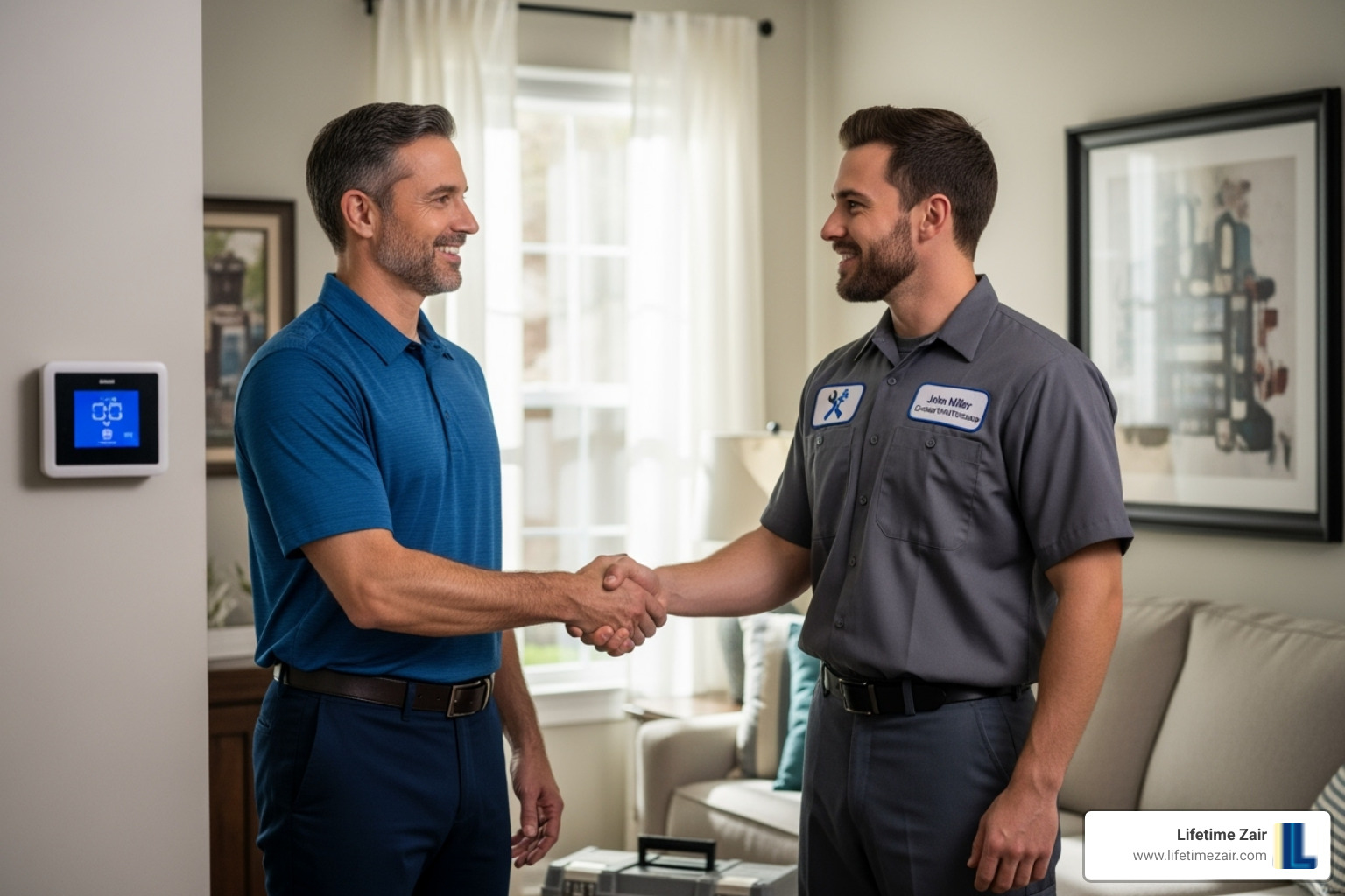 homeowner confidently shaking hands with a a certified HVAC technician - Certified heat pump technicians