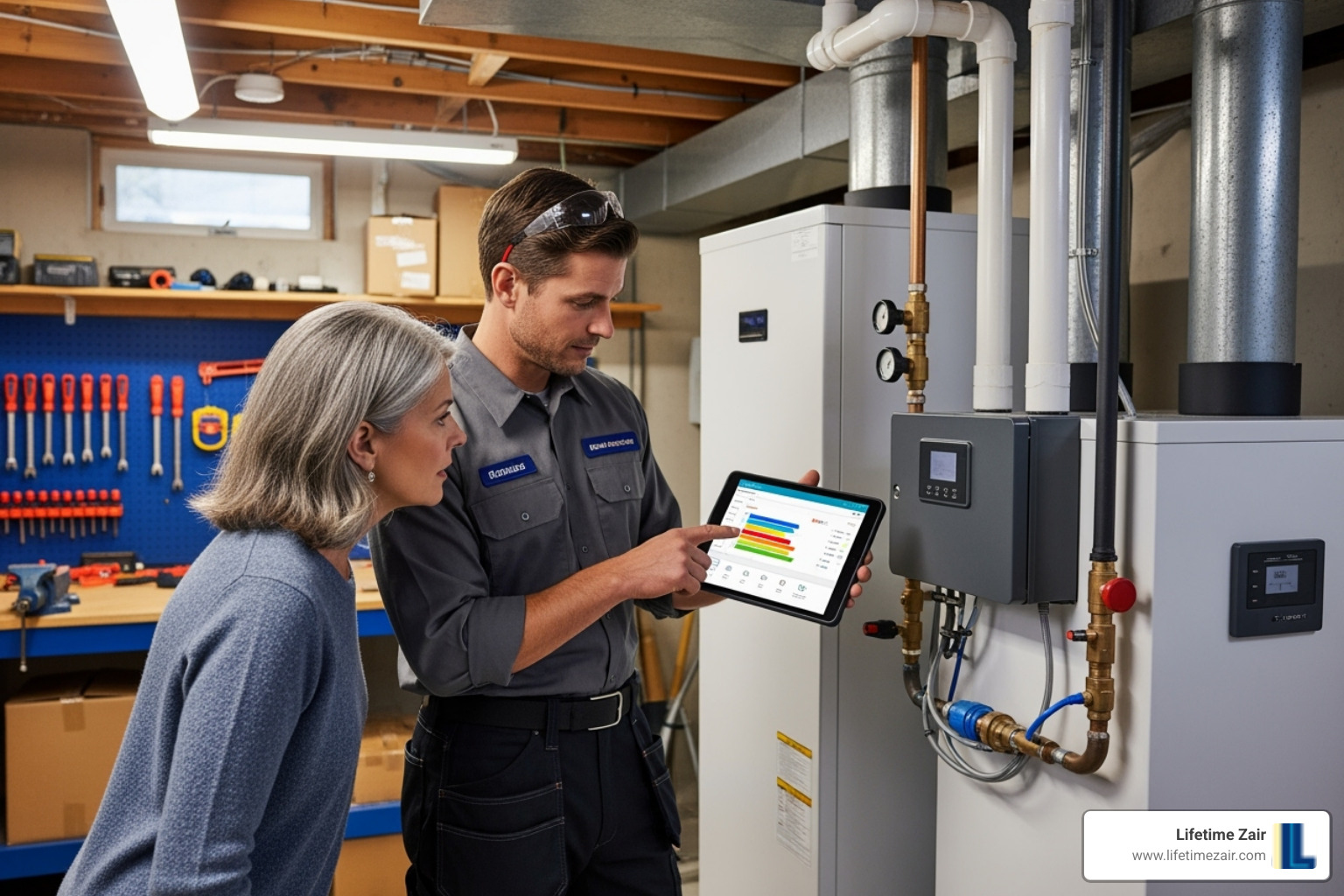 technician using a tablet to show a homeowner system diagnostics - Certified heat pump technicians