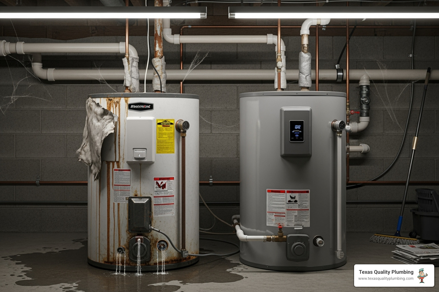 Leaking water heater next to a new, modern water heater - electric water heater install