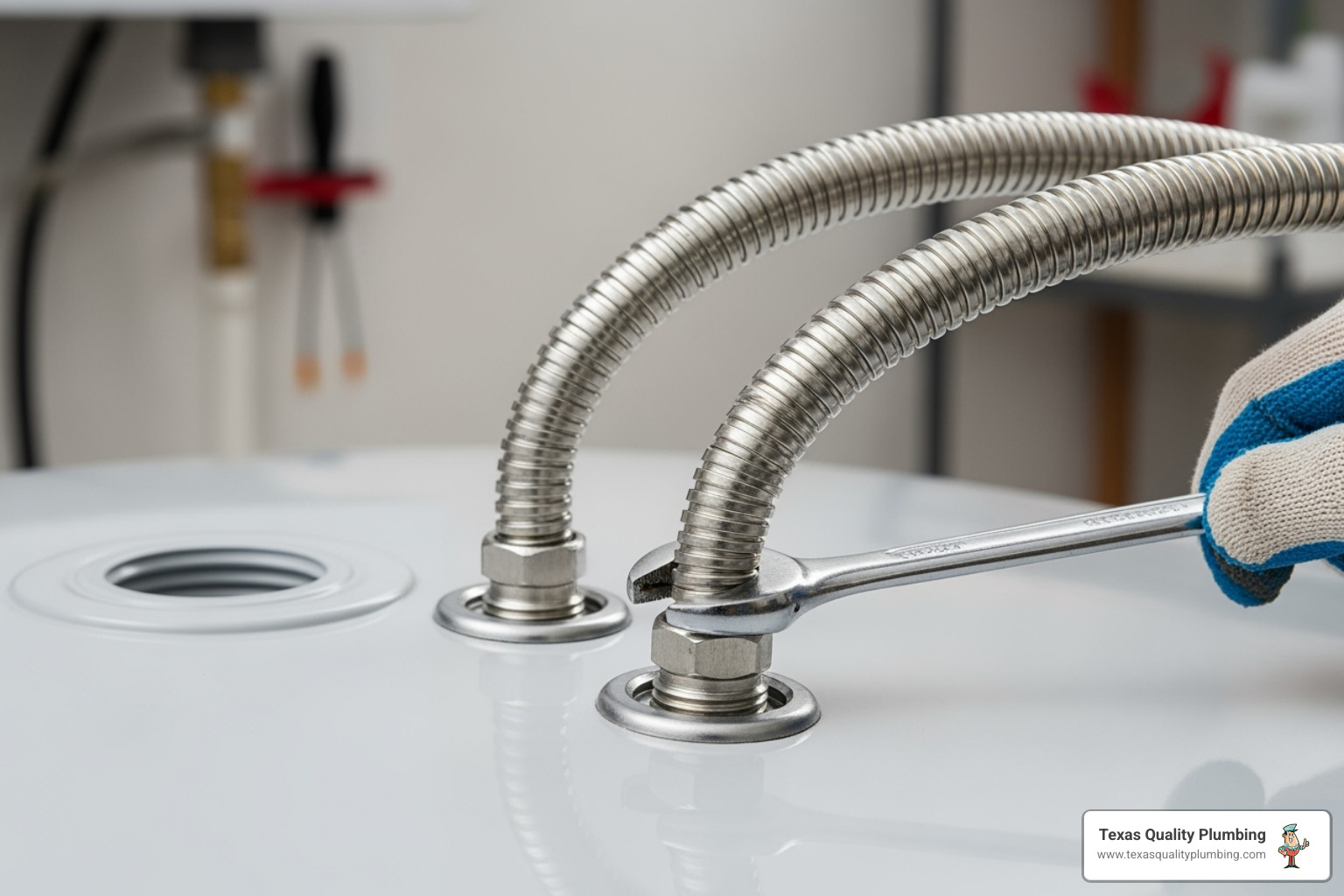 Close-up of flexible water lines being connected to the top of a new electric water heater - electric water heater install