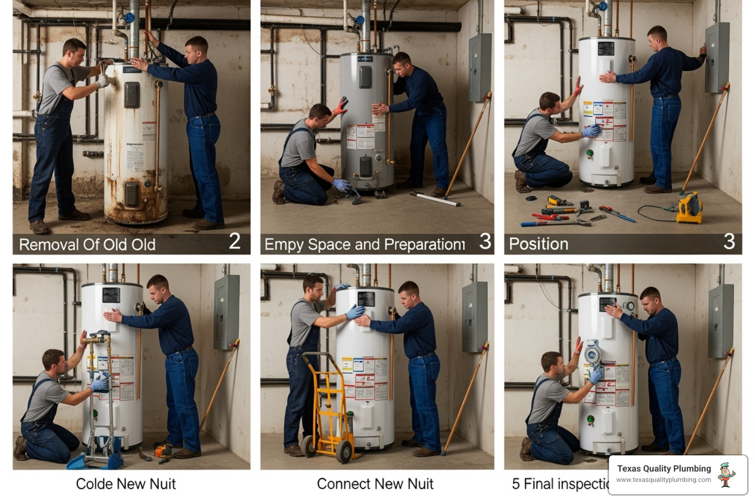 Multi-stage image showing the progression of a water heater installation from old unit removal to new unit connection - electric water heater install