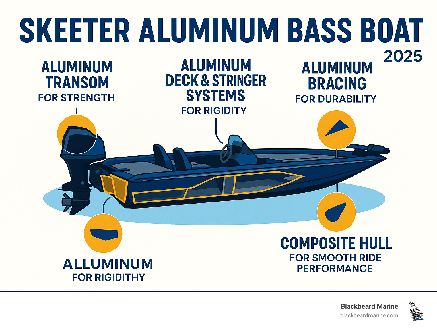 Infographic showing the strategic placement of aluminum components in Skeeter bass boats including aluminum transoms for strength, aluminum deck and stringer systems for rigidity, aluminum bracing for durability, and composite hulls for smooth ride performance - skeeter aluminum bass boat infographic 