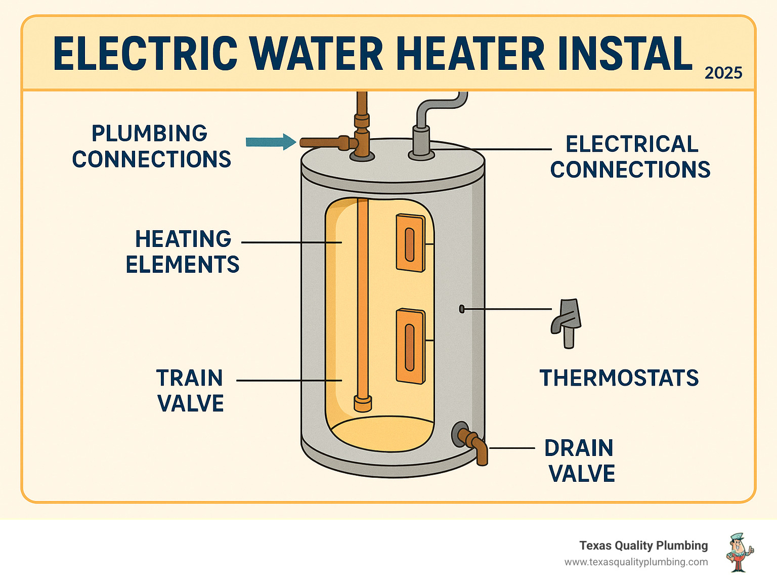 Detailed diagram showing electric water heater components including heating elements, thermostats, T&P valve, drain valve, electrical connections, and plumbing connections with labels and installation flow - electric water heater install infographic 