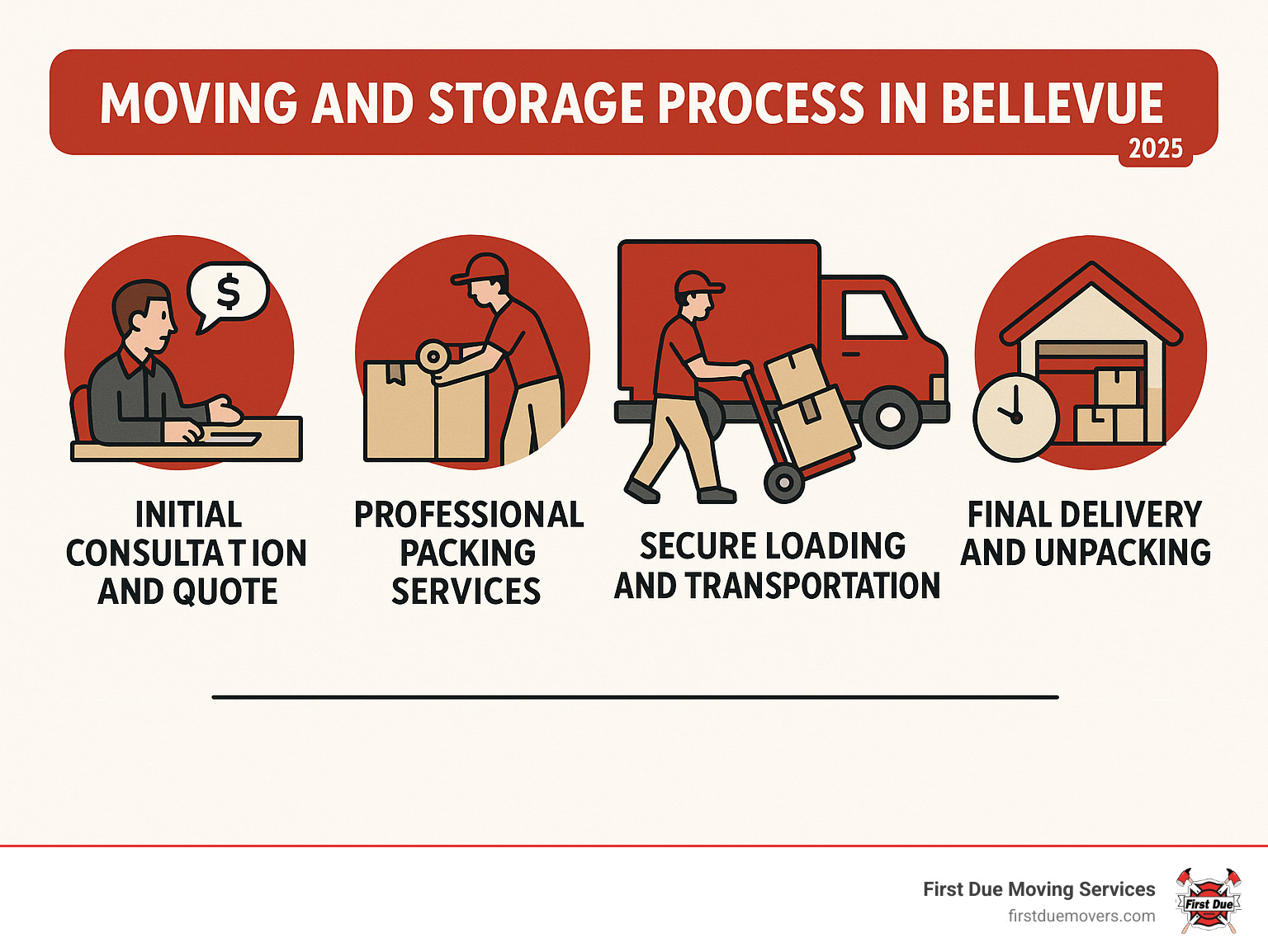 Comprehensive infographic showing the complete moving and storage process in Bellevue, including initial consultation and quote, professional packing services, secure loading and transportation, flexible storage options for short-term or long-term needs, and final delivery and unpacking at the destination - movers storage bellevue infographic  Comprehensive infographic showing the complete moving and storage process in Bellevue, including initial consultation and quote, professional packing services, secure loading and transportation, flexible storage options for short-term or long-term needs, and final delivery and unpacking at the destination - movers storage bellevue infographic