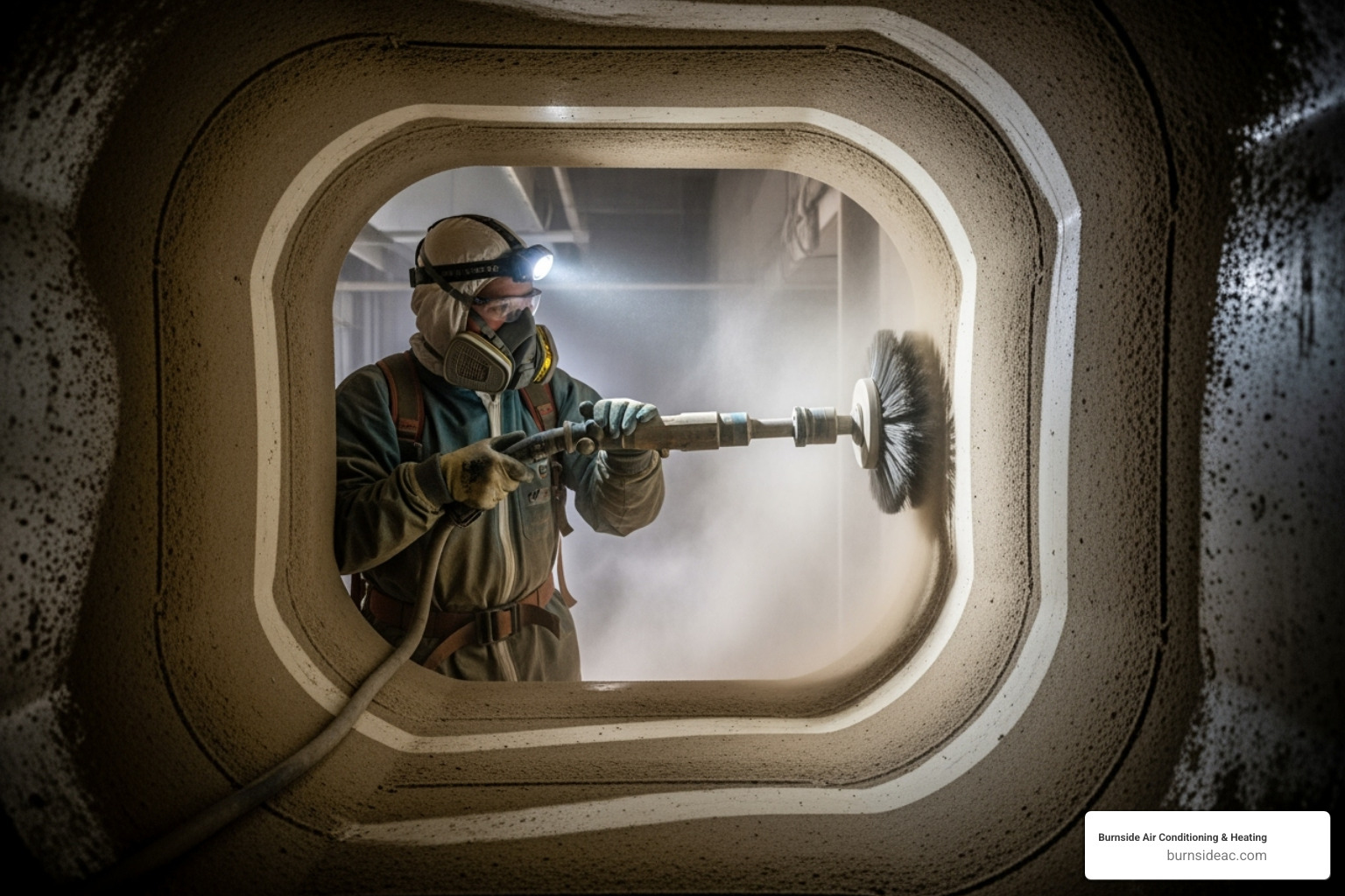 of a technician using a rotary brush inside a duct - air duct cleaning plano