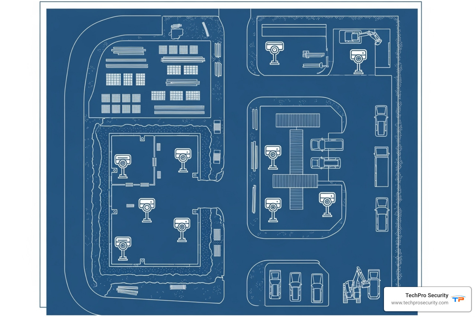 construction site layout map with icons indicating optimal camera placement for different zones - how to secure a construction site with cctv cameras