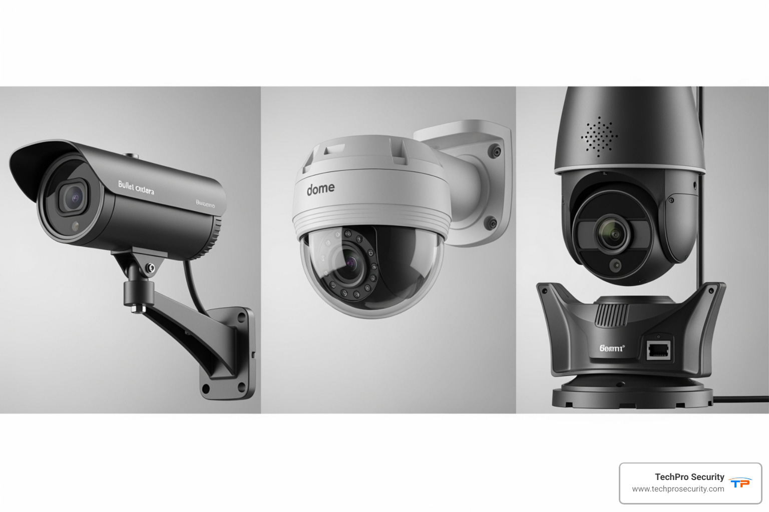 side-by-side comparison of bullet, dome, and PTZ cameras - how to secure a construction site with cctv cameras
