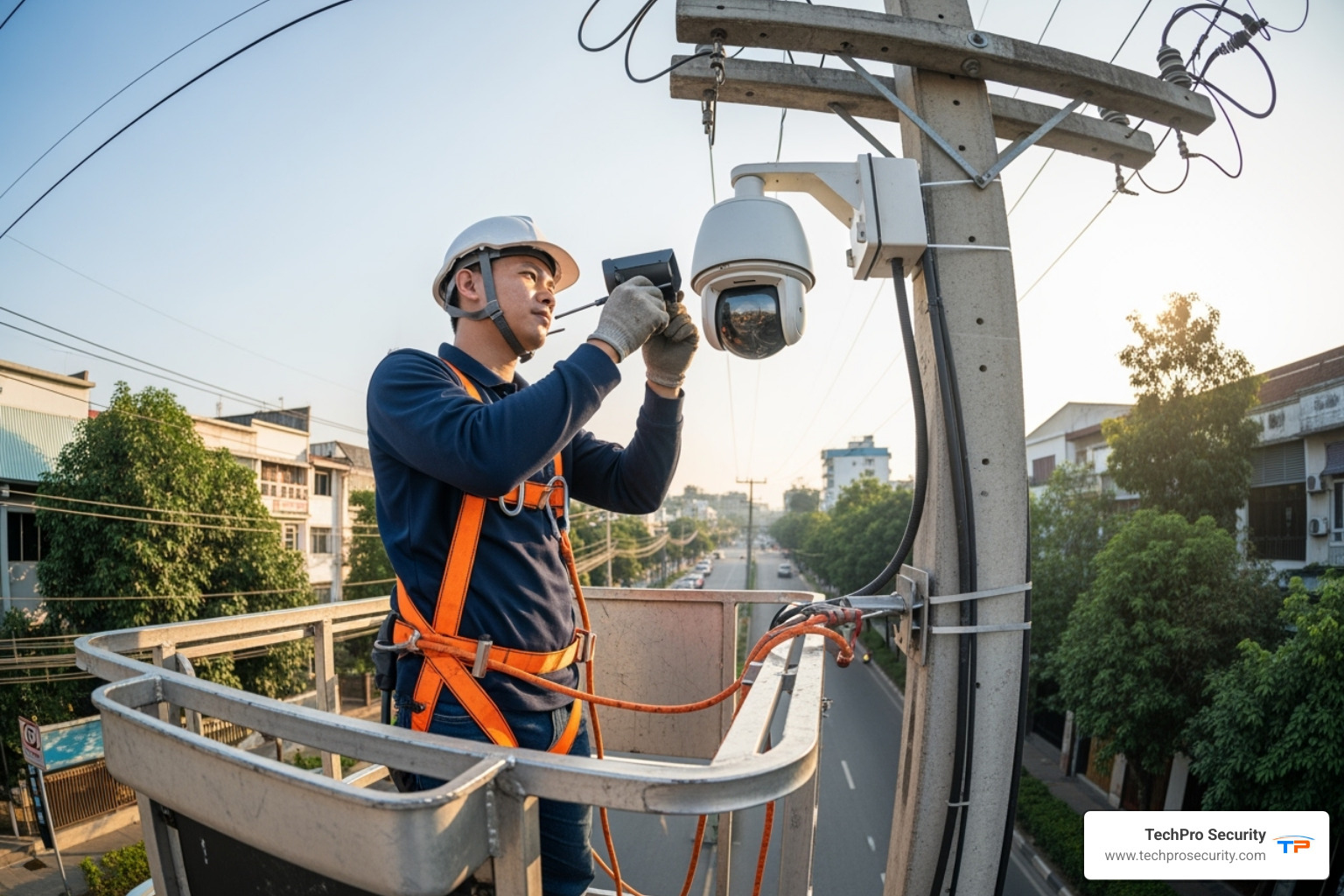 technician performing maintenance on a CCTV camera mounted on a pole - how to secure a construction site with cctv cameras
