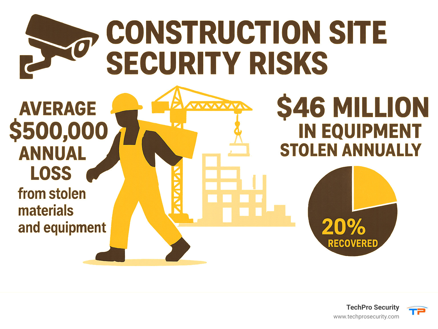 Infographic showing construction site security risks: Average $500,000 annual loss from stolen materials and equipment, and $46 million in equipment stolen annually with only 20% recovered. - how to secure a construction site with cctv cameras infographic 