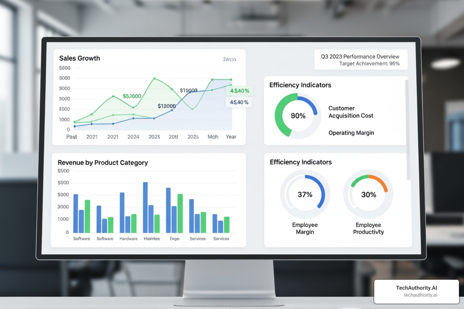 A dashboard showing business growth metrics with sales, revenue, and efficiency indicators - WordPress API integration services