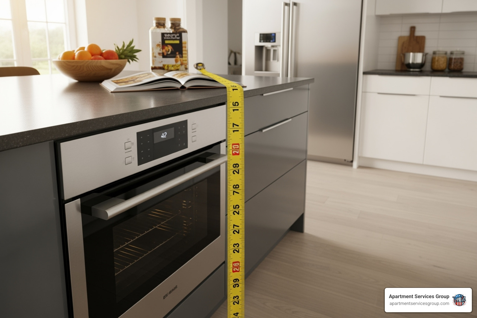 Measuring tape in a kitchen, showing proper clearance around an island. - Kitchen island addition Measuring tape in a kitchen, showing proper clearance around an island. - Kitchen island addition