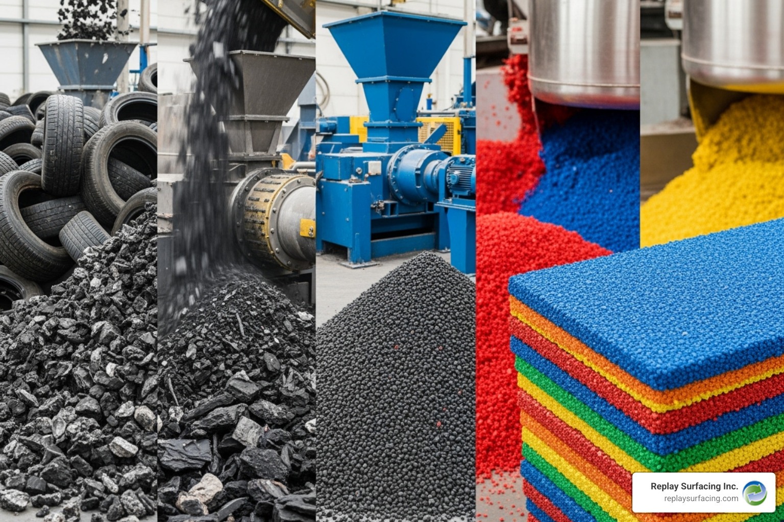 illustrating the recycling process from old tires to finished, colorful playground tiles - play yard rubber mats indiana