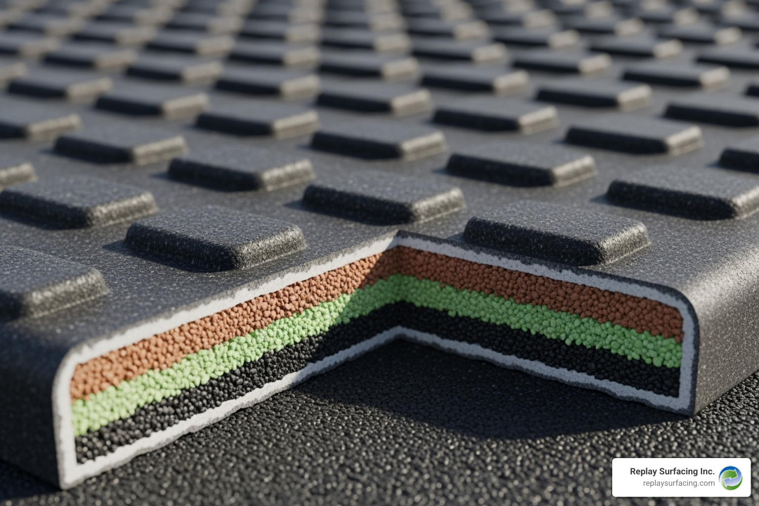 close-up of a rubber tile's textured, non-slip surface and a cross-section showing its thickness - play yard rubber mats indiana