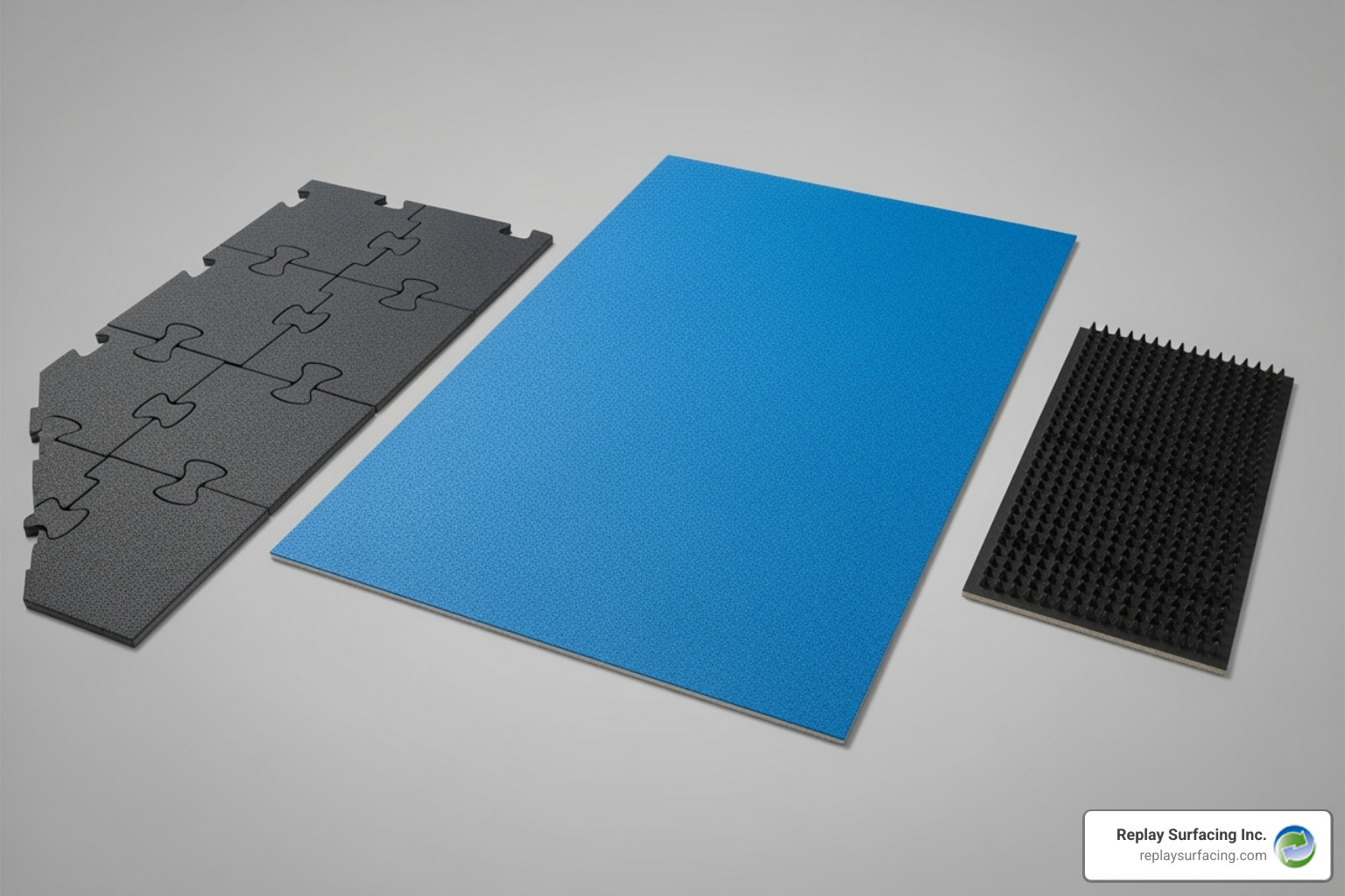different types of rubber playground flooring side-by-side: interlocking tiles, a large single mat, and a sample of wear mat - play yard rubber mats indiana