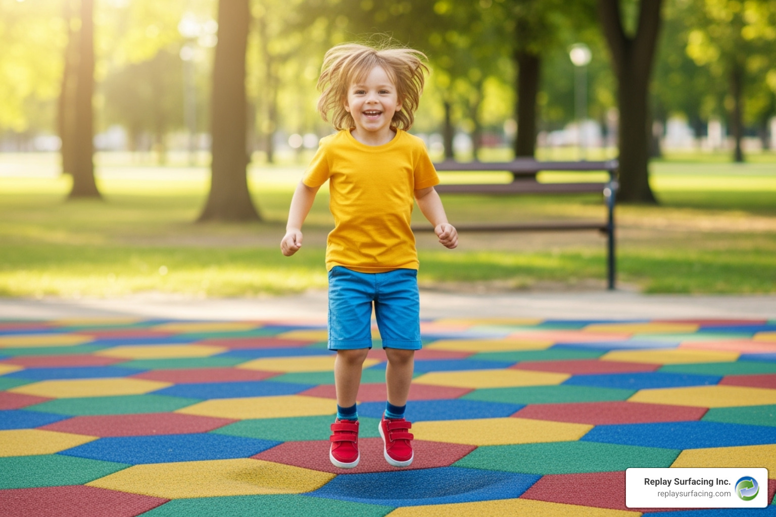 child happily playing on a thick rubber tile, showcasing its cushioning effect in a park in Raleigh, NC - play yard rubber mats indiana