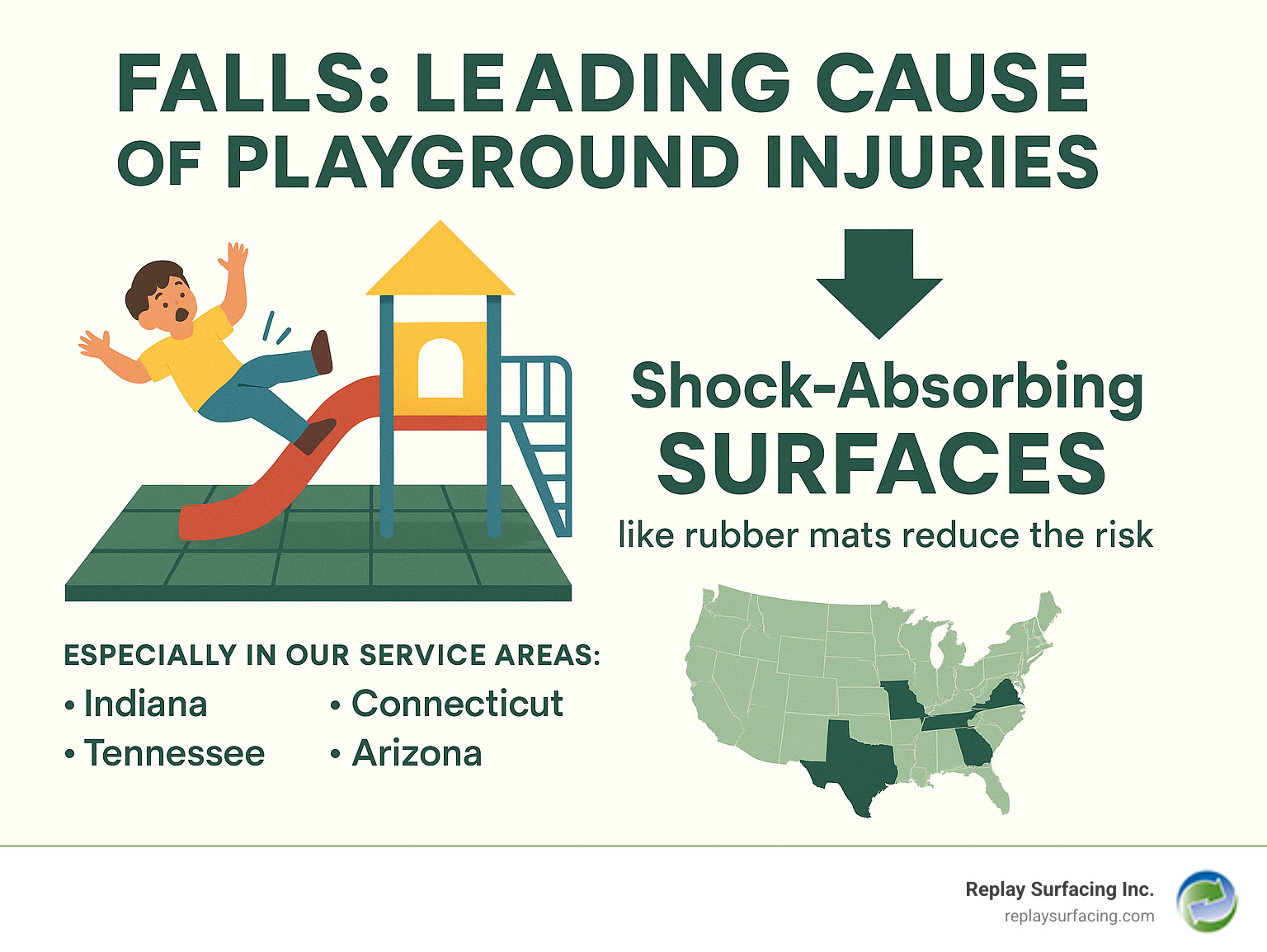 Infographic explaining that falls are the leading cause of playground injuries and how shock-absorbing surfaces like rubber mats significantly reduce risk, especially in Replay Surfacing Inc.'s service areas such as Indiana, Connecticut, Tennessee, and Arizona. - play yard rubber mats indiana infographic 