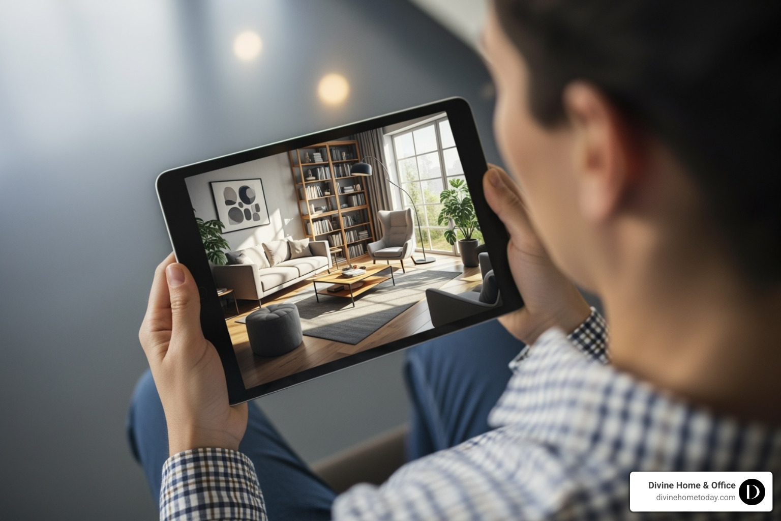 client interacting with a 3D room rendering on a tablet - home interior design consultants