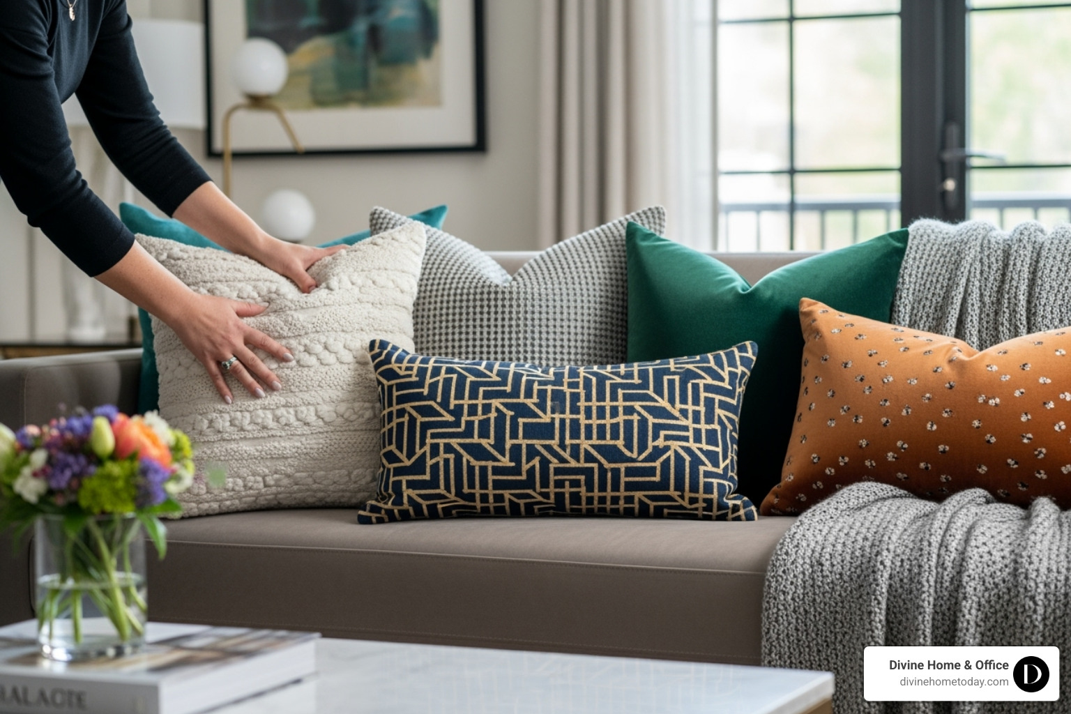 decorator artfully arranging throw pillows and accessories on a sofa - home interior design consultants