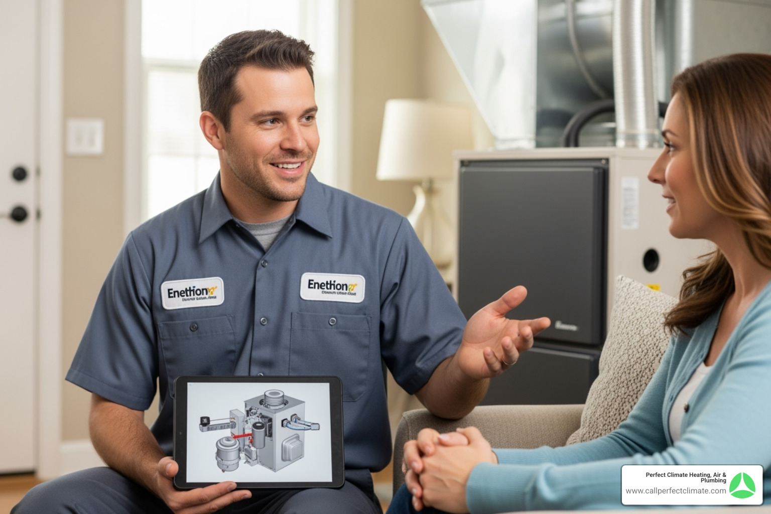 friendly technician talking to a homeowner - affordable furnace repair friendly technician talking to a homeowner - affordable furnace repair