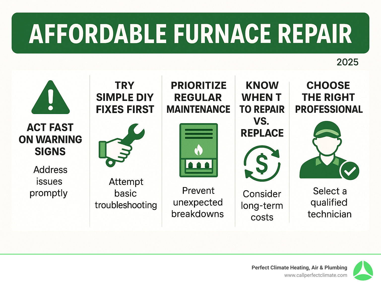Infographic showing key strategies for affordable furnace repair: Act fast on warning signs, try simple DIY fixes, prioritize regular maintenance, know when to repair vs. replace, and choose the right professional. - affordable furnace repair infographic  Infographic showing key strategies for affordable furnace repair: Act fast on warning signs, try simple DIY fixes, prioritize regular maintenance, know when to repair vs. replace, and choose the right professional. - affordable furnace repair infographic