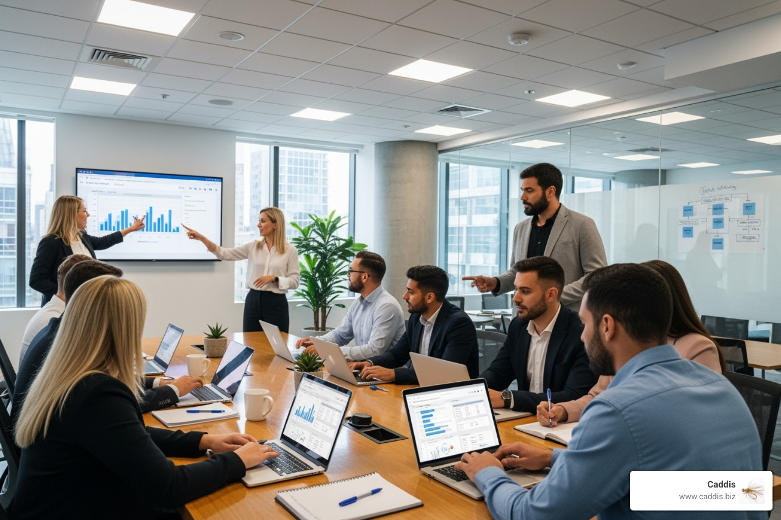 A diverse team of sales professionals collaborating in a modern office environment, representing both inside and outside sales functions. - outsourced sales support