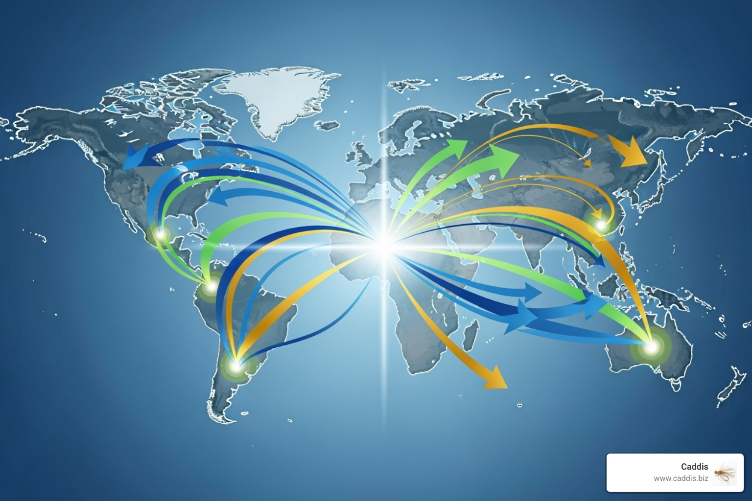 A stylized world map highlighting various regions, with arrows pointing from a central business hub to new, expanding market territories. - outsourced sales support
