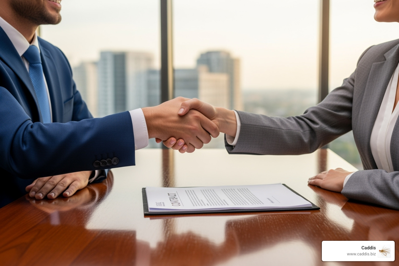 Two business professionals shaking hands across a table, with a contract or agreement document between them, symbolizing a successful partnership agreement. - outsourced sales support