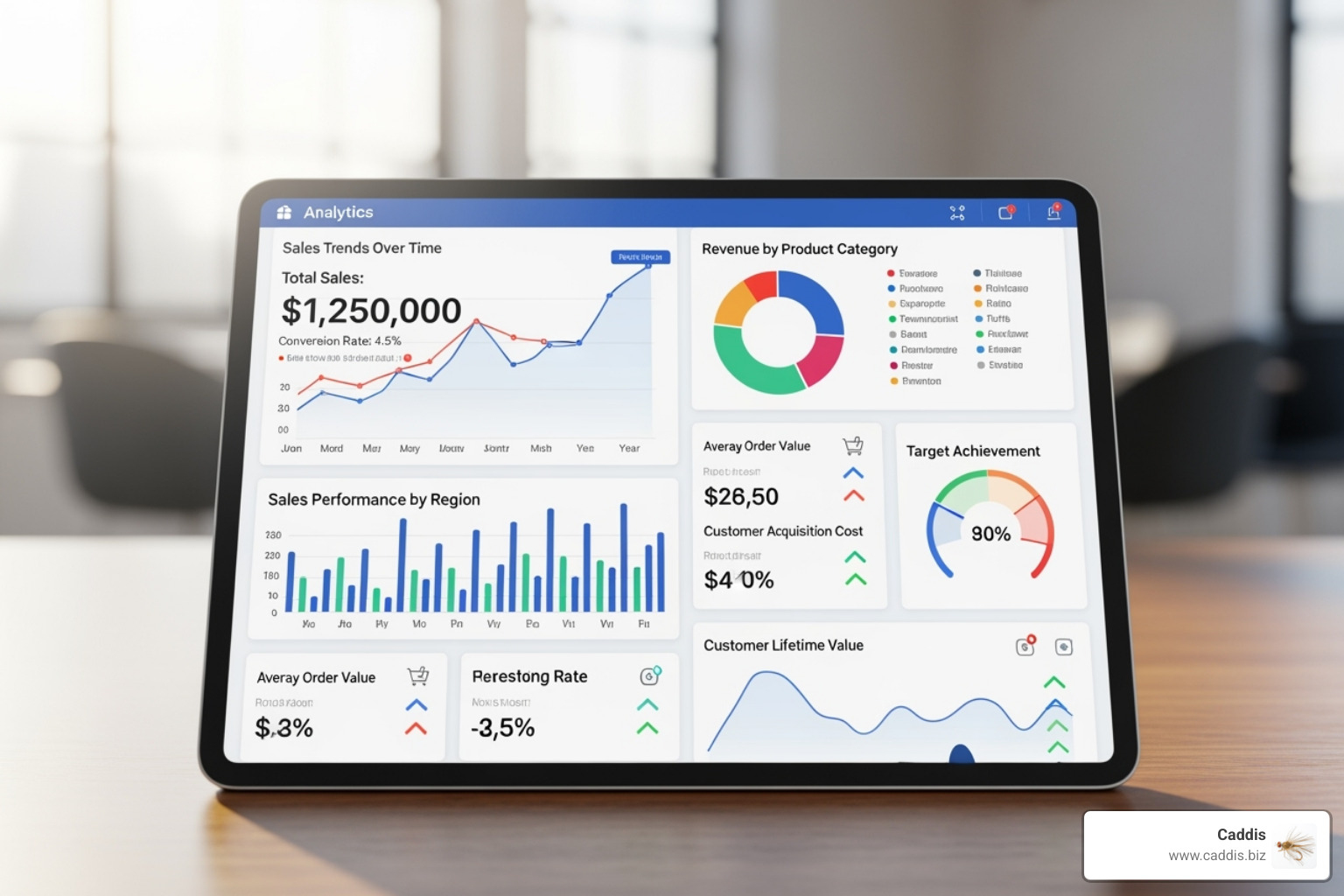 A detailed analytics dashboard displayed on a tablet, showing various sales performance metrics, charts, and graphs. - outsourced sales support