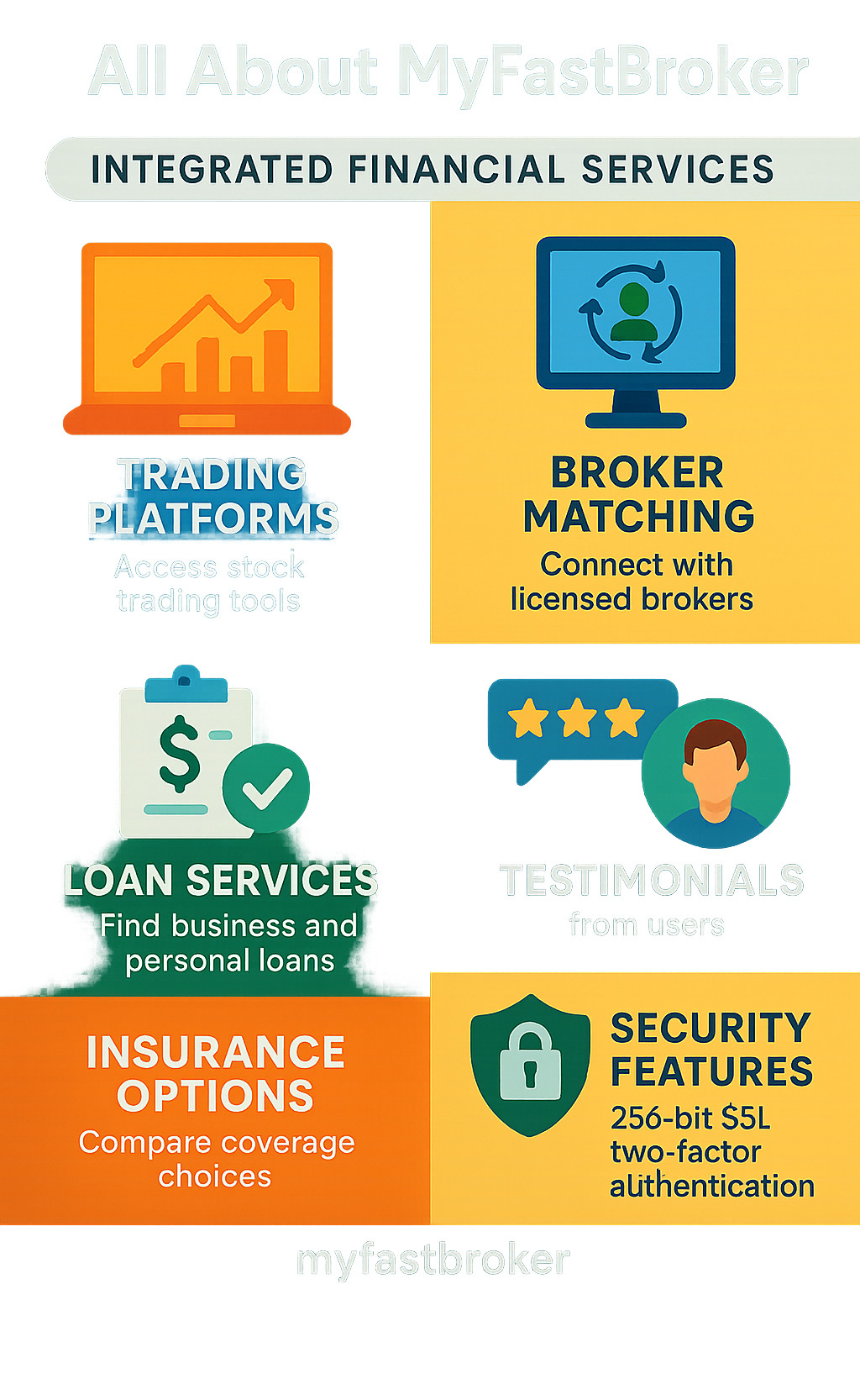 Comprehensive overview of MyFastBroker's integrated financial services including trading platforms, broker matching, loan services, and insurance options with user testimonials and security features - myfastbroker .com infographic 