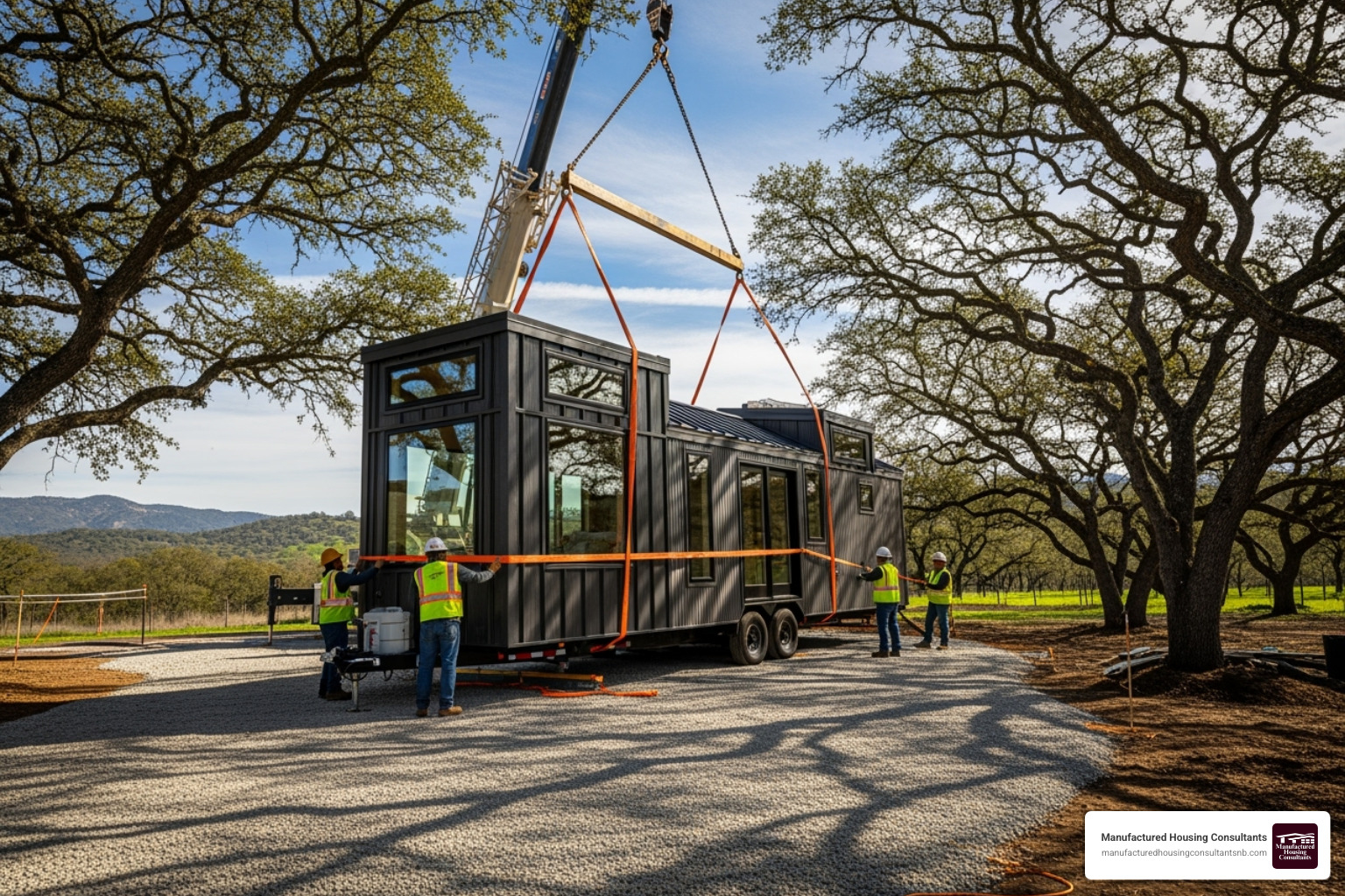 a tiny home on wheels being placed on a lot with oak trees - tiny home communities near new braunfels tx