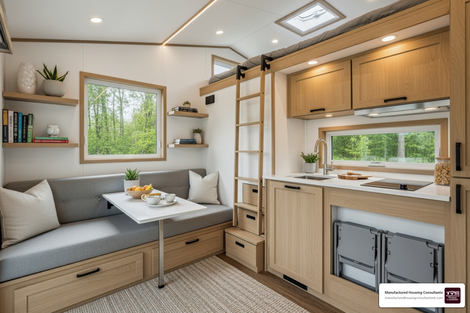 modern, stylish interior of a manufactured tiny home - tiny home communities near new braunfels tx