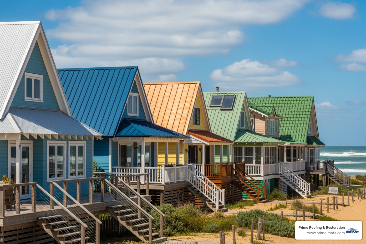 Image gallery showcasing different metal roof styles and colors on beach houses - metal roofing orange beach al
